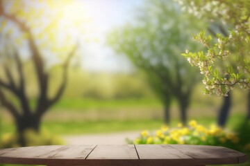 Fototapeta premium Empty wooden table over blurred autumn garden background, product display montage