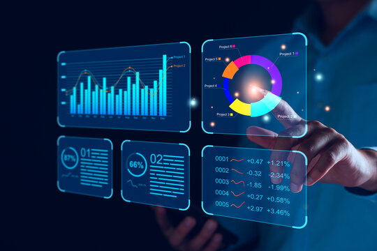 Data analyst working on business analytics dashboard with charts, metrics and KPI to analyze performance and create insight reports and strategic decisions for operations management on virtual screen.