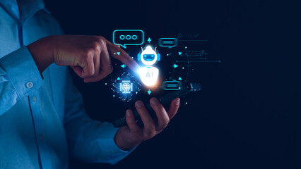 Chatbot concept. open AI, Artificial Intelligence. businessman using technology smart robot AI, enter command prompt, contact for business information analysis, Futuristic technology transformation.