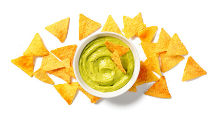 Avocado dip sauce guacamole with tortilla corn nachos chips in a white bowl . Isolated on white...