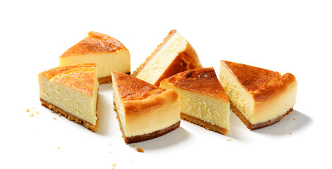 Slices of fresh baked homemade lemon cheesecake. isolated on white background - 595461743