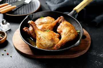 Freshly roasted duck legs confit in  pan,  black background - 595461942