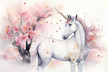 Naklejka na ściany i meble Create a dreamy watercolor scene of a unicorn with a golden horn, surrounded by delicate, Generative Ai