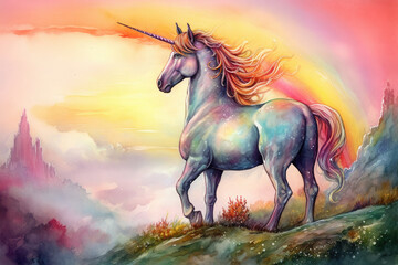 Obraz na płótnie Canvas Create a fantastical watercolor portrait of a unicorn with a glittering silver horn, standing on a hilltop with a panoramic view of a rainbow-colored sky