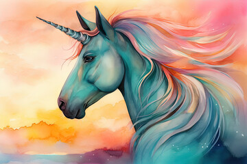 Obraz na płótnie Canvas Paint a beautiful watercolor portrait of a unicorn with a turquoise and gold mane, standing in front of a stunning sunset with orange and pink hues
