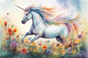 Create a magical watercolor painting of a unicorn frolicking through a field of blooming wildflowers, with a rainbow-colored mane blowing in the wind