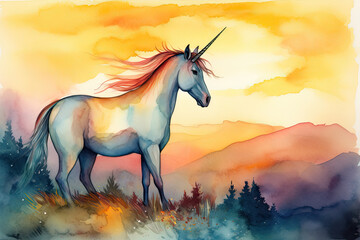 Obraz na płótnie Canvas Paint a beautiful watercolor portrait of a unicorn standing on a mountaintop, with the sun setting behind it and casting a warm, golden glow