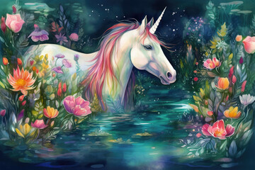 Obraz na płótnie Canvas Create a vibrant watercolor portrait of a majestic unicorn drinking from a clear stream surrounded by lush greenery and vibrant flowers