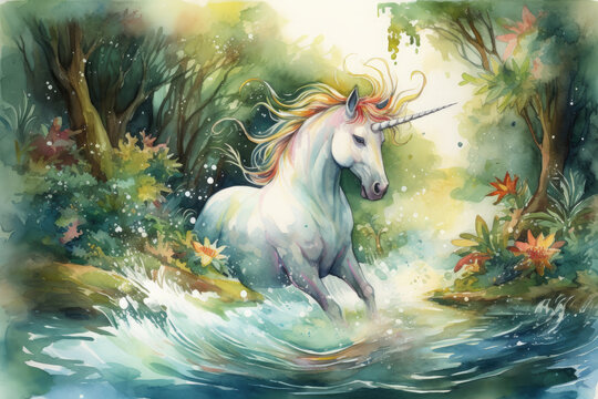 Paint a whimsical watercolor scene of a unicorn with a pastel rainbow mane, leaping over a sparkling river in a forest of lush green trees