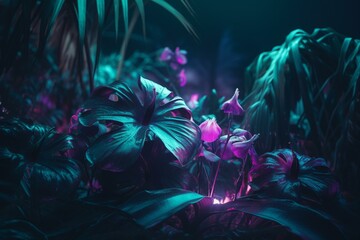 Tropical flora under green and purple light. Outdoor scene framed in neon diamonds. Generative AI