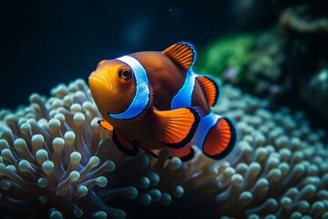 Obraz na płótnie Canvas Colourful tropical clown fish swim among blue coral and sand in the sea. Generative AI