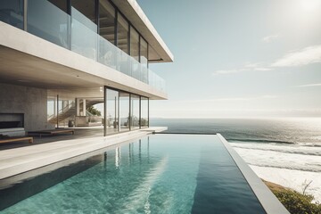Fototapeta na wymiar Contemporary coastal home with sleek design and ocean view features a private pool. Generative AI