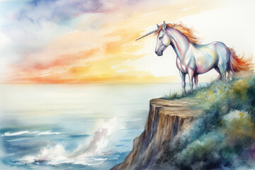 Obraz na płótnie Canvas Draw a breathtaking watercolor portrait of a majestic unicorn with a rainbow mane and tail, Generative Ai