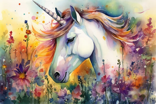 Create a dreamy watercolor painting of a unicorn grazing in a meadow filled with vibrant spring flowers, with a butterfly, Generative Ai