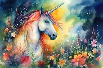 Naklejka na ściany i meble Bring a touch of whimsy and wonder to your art with a watercolor painting of a unicorn surrounded by the vibrant colors of a rainbow, Generative Ai