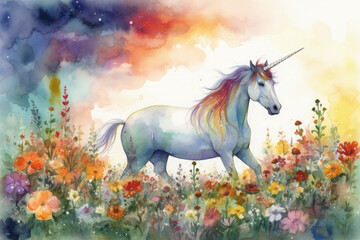Obraz na płótnie Canvas Design an enchanting watercolor painting of a unicorn standing in a field of spring flowers, with a rainbow stretching across, Generative Ai