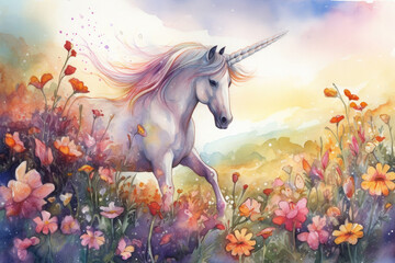 Draw a magical watercolor scene of a unicorn trotting through a field of spring flowers, with a butterfly flitting, Generative Ai