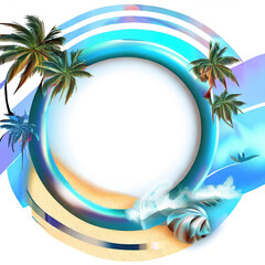 Fototapeta na wymiar Abstract design of a circular frame with palm trees ,sand and sea waves around it, used for banners, flyers, posters, advertisements with Generative AI.