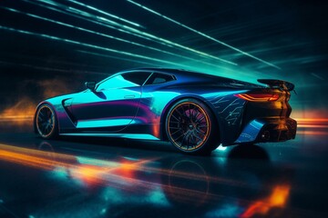 Obraz na płótnie Canvas Sports car with motion lighting on neon highway. Generative AI