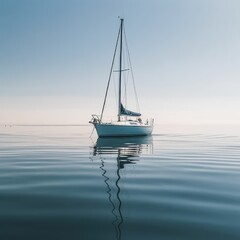Silboat with sail down on calm still water