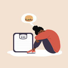 Food addiction concept. Eating disorder. Sad african woman sitting on floor and hugging knees. Depressed girl thinking about hamburger. Vector illustration in flat cartoon style.