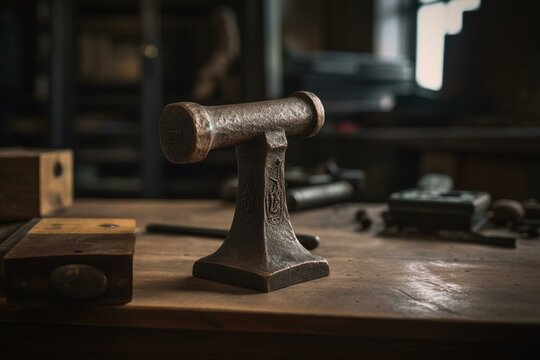 Hammer-shaped anvil on stand, placed on workshop table. Generative AI