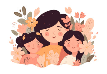 mother's Day illustration, happy mother and children illustration