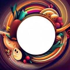 Abstract design of a circular frame with Variety of fruits and vegetables around it, used for banners, flyers, posters, advertisements with Generative AI