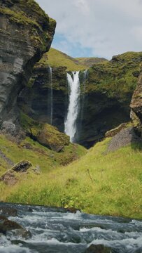 Kvernufoss waterfall in southern Iceland, on a golden ring Beauty in nature concept