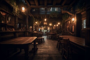 Fototapeta na wymiar Medieval-style pub at night w/ wooden table & plates. Generative AI