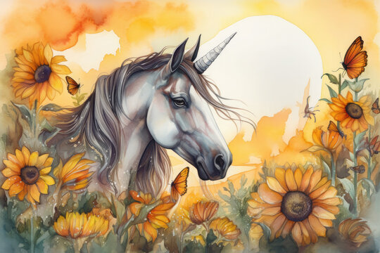 Draw a vibrant watercolor image of a unicorn grazing in a field of sunflowers, with a monarch butterfly perched on its horn