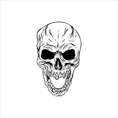 human skull ink, black and white background 