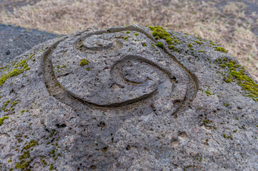 Karlsminni Stone Circle.in Iceland.. A stone circle is a monument of stones arranged in a circle or ellipse.