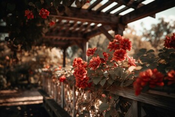 Red autumn flowers on a pergola in the park. Generative AI