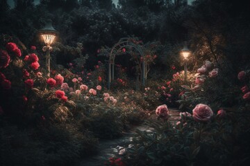 Dark toned mystical garden with blooming pink and red roses creating a dreamy evening landscape. Generative AI