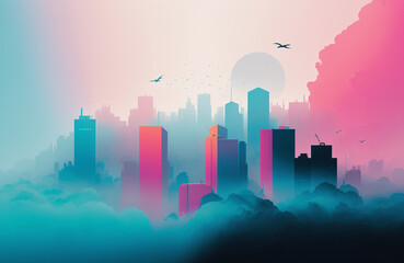 Fototapeta premium A colorful cityscape with a pink and blue sky and a pink cloud.