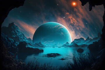 A planet in the water with a blue planet in the background