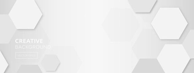 Abstract modern white gray gradient banner background with copy space for text in the middle and hexagon shapes at border