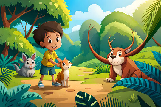 A Cute Kid Character with his pet animals in the jungle, Exploring Wildlife, playing with cats, rabbits and a deer, children's animated films, AI