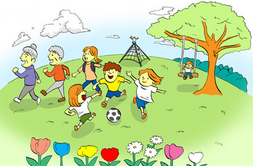 子どもたちがサッカーをして遊び、大人や高齢者がウォーキングする緑豊かな公園のイラスト（青空）