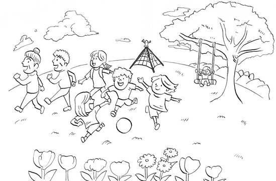子どもたちがサッカーをして遊び、大人や高齢者がウォーキングする緑豊かな公園のイラスト（線画）