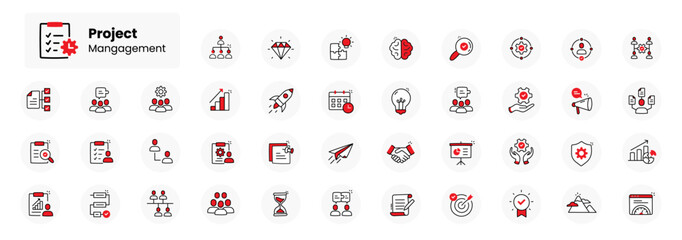 Project Management Icons: Simplify Your Workflow with this Comprehensive Set. Vector hand-drawn Icons with Vector Editable Strokes. - obrazy, fototapety, plakaty