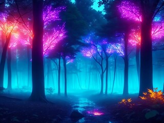 neon, light, forest, beautiful, background, poster, design, generative AI