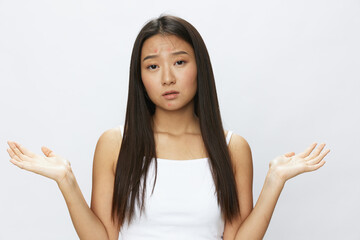 Asian woman facial skin problems, acne and inflammation, red rashes and allergies, chicken pox,...