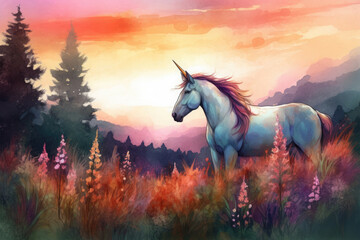 Obraz na płótnie Canvas Illustrate a watercolor image of a majestic unicorn standing tall among a field of wildflowers, with the sunset casting a warm glow over the landscape
