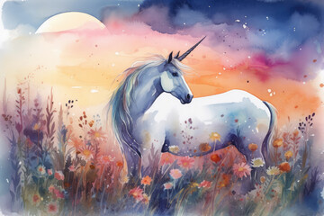 Naklejka na ściany i meble Create a stunning watercolor painting of a unicorn grazing in a field of wildflowers under the light, Generative Ai