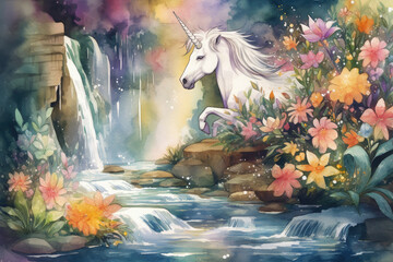 Illustrate a mystical watercolor painting of a unicorn emerging from a sparkling waterfall surrounded by colorful fish and flowers