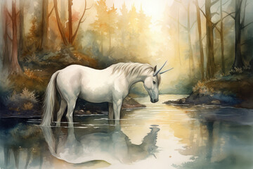 Draw a watercolor painting of a unicorn drinking from a crystal-clear lake in the forest