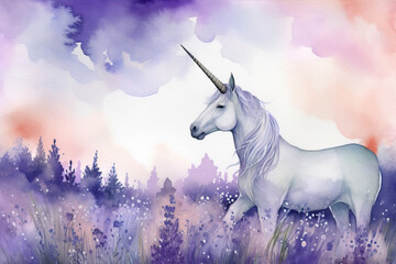 Naklejka na ściany i meble Draw a watercolor painting of a unicorn standing in a field of lavender with a full moon in the background