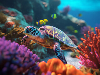 A turtle swimming in a coral reef
